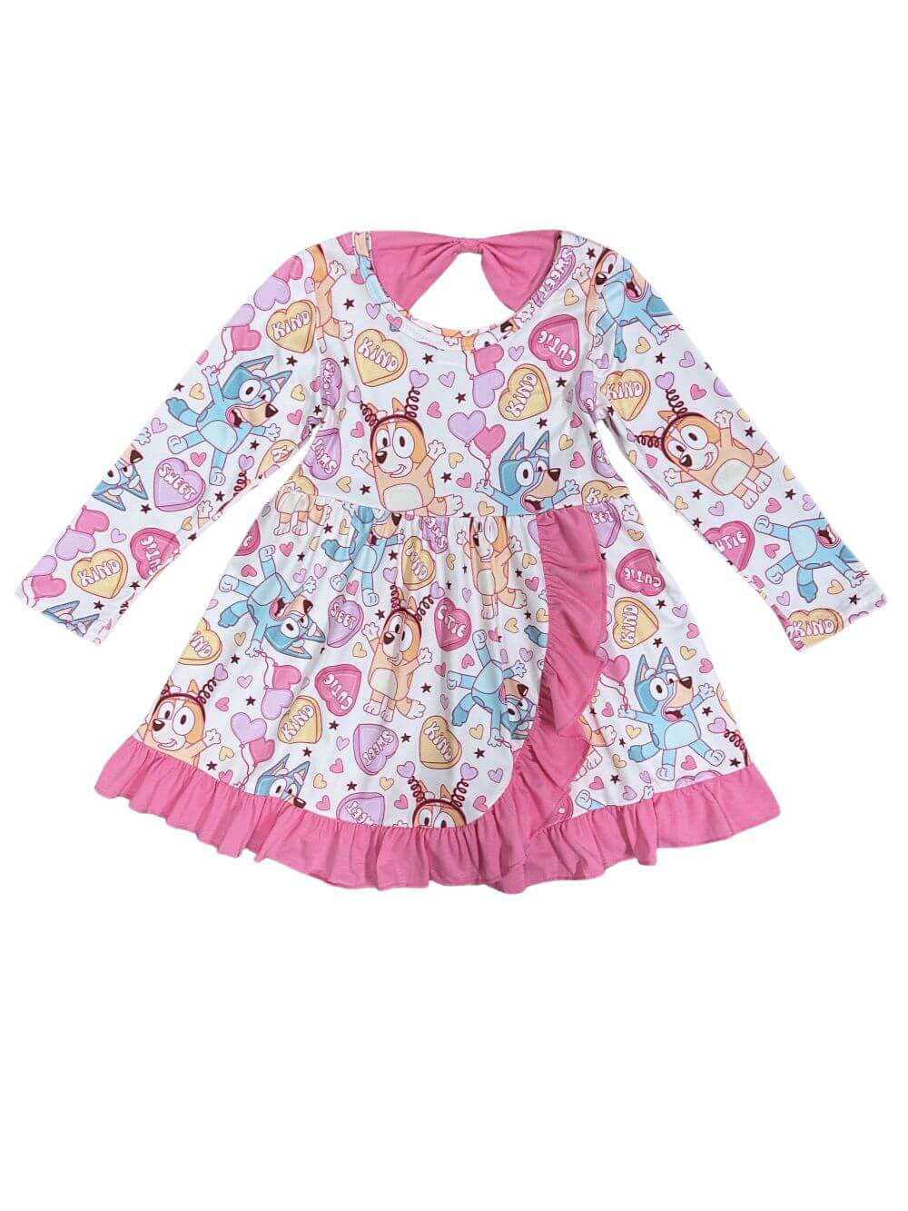 Dogs & Candy Hearts Hot Pink Ruffle Girls Long Sleeve Dress - Sydney So Sweet