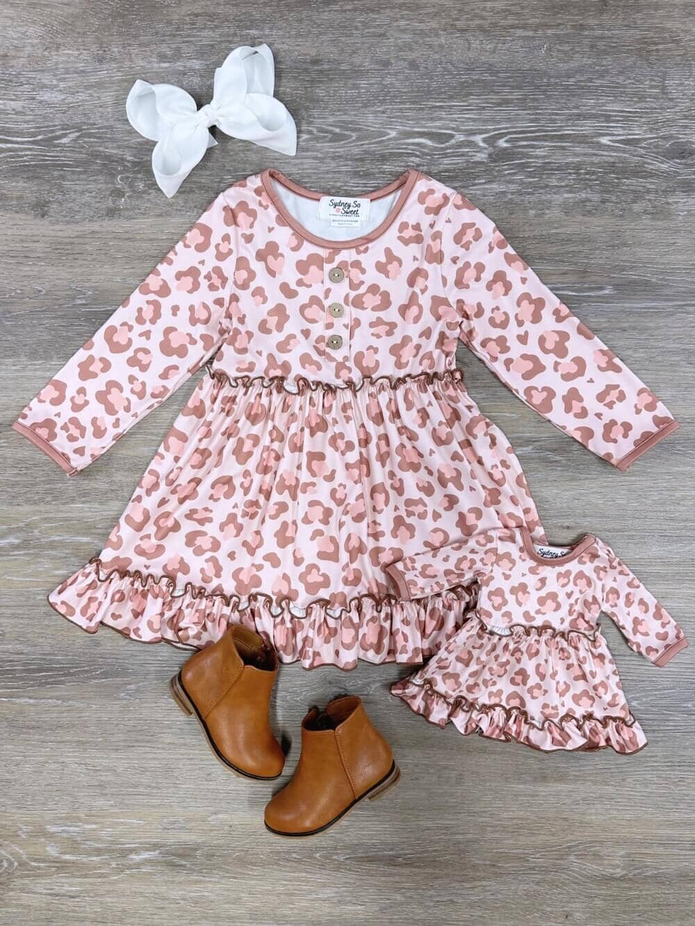 Doll &amp; Me - Blush Leopard Ruffle Tiered Long Sleeve Dress - Sydney So Sweet