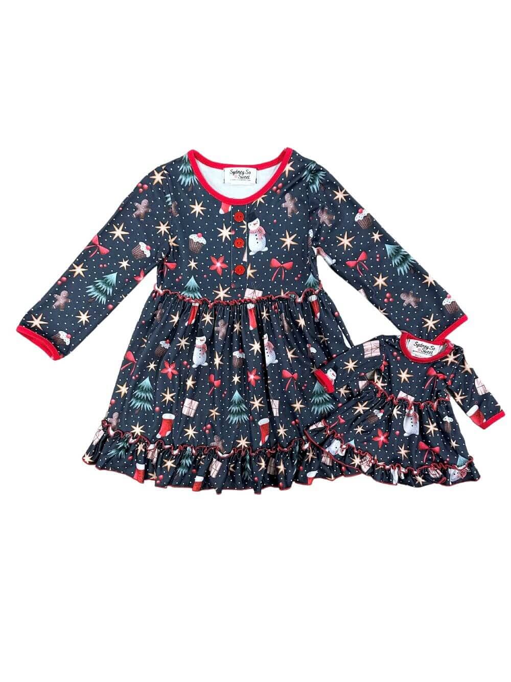 Doll & Me - Christmas Eve Girls Ruffle Trim Dress - Sydney So Sweet