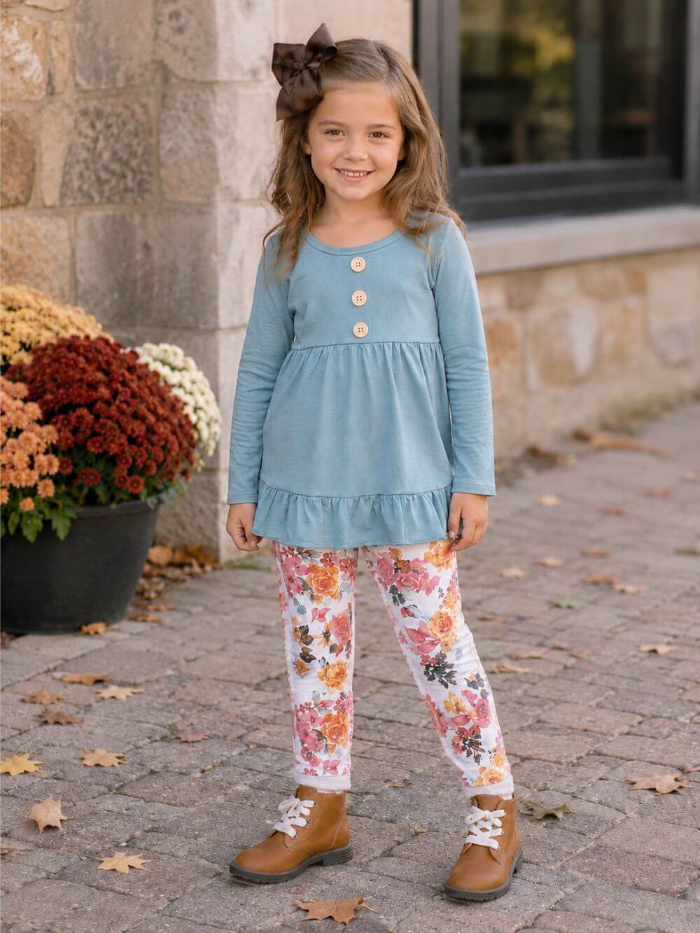 Dusty Blue Vintage Floral Girls Leggings Outfit
