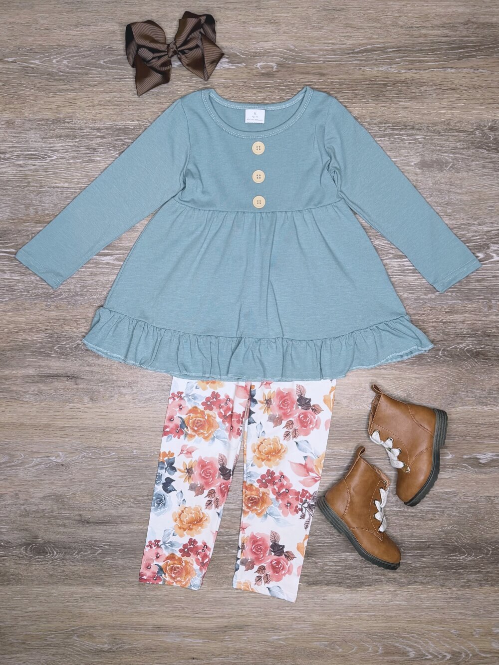 Dusty Blue Vintage Floral Girls Leggings Outfit