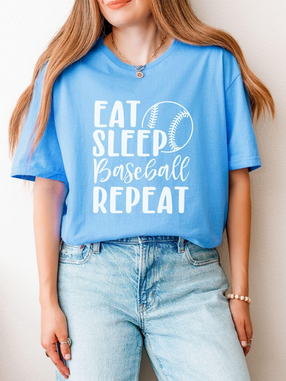Eat Sleep Baseball Repeat Graphic T-Shirt Cute Sports Mom Tee (12 Team Colors)