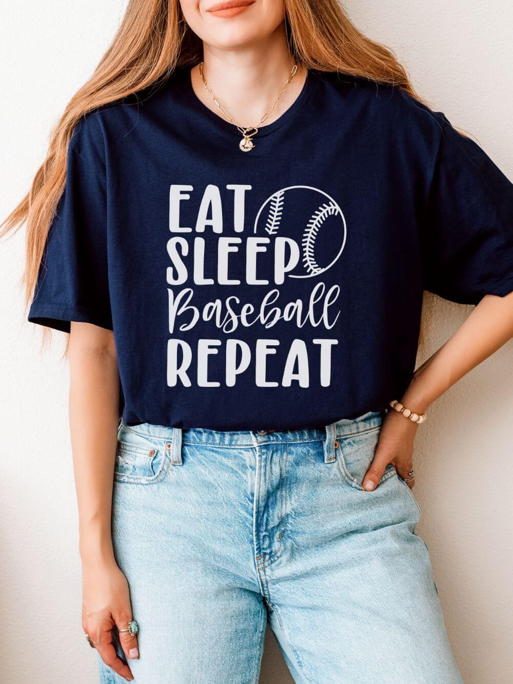 Eat Sleep Baseball Repeat Graphic T-Shirt Cute Sports Mom Tee (12 Team Colors)