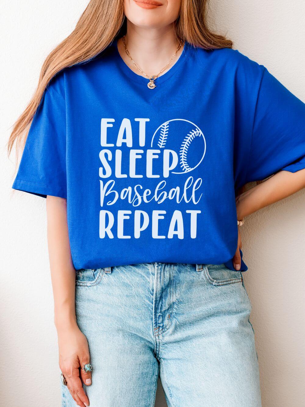 Eat Sleep Baseball Repeat Graphic T-Shirt Cute Sports Mom Tee (12 Team Colors)