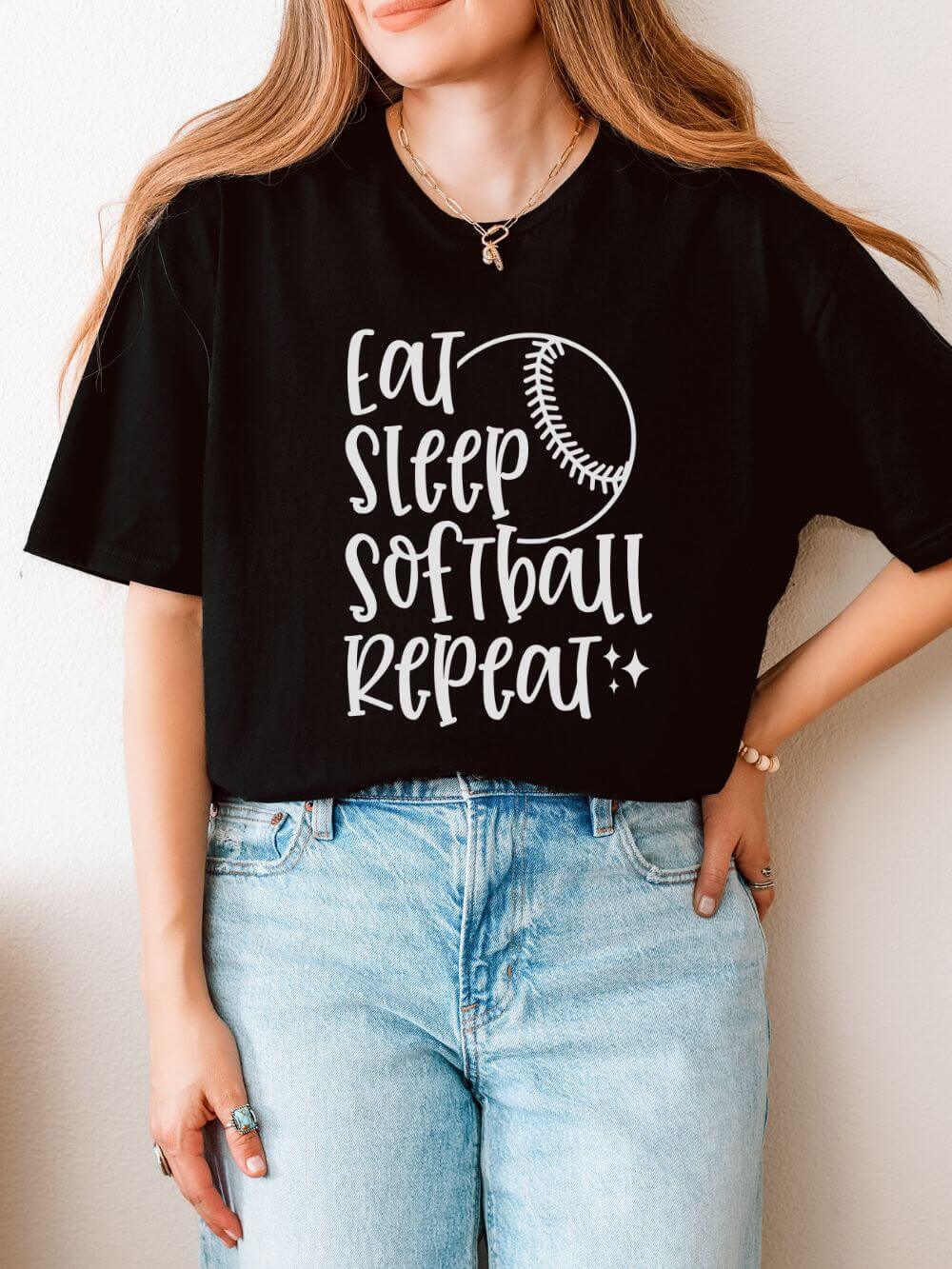 Eat Sleep Softball Repeat Graphic T-Shirt Cute Sports Mom Tee (12 Team Colors)