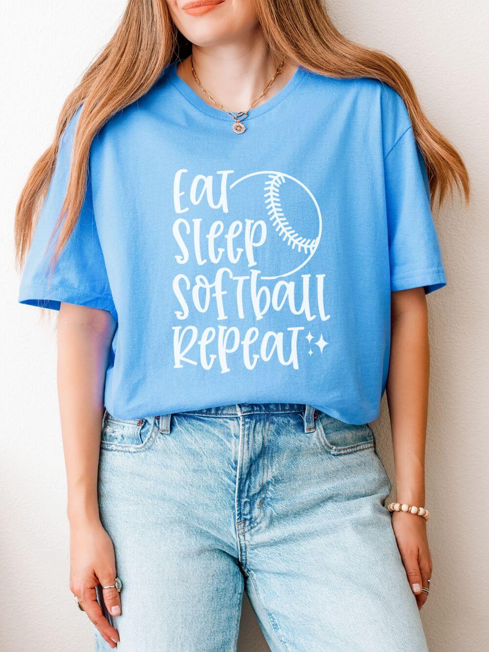 Eat Sleep Softball Repeat Graphic T-Shirt Cute Sports Mom Tee (12 Team Colors)