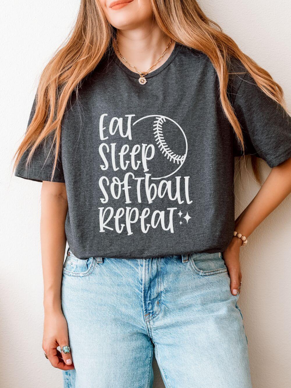 Eat Sleep Softball Repeat Graphic T-Shirt Cute Sports Mom Tee (12 Team Colors)