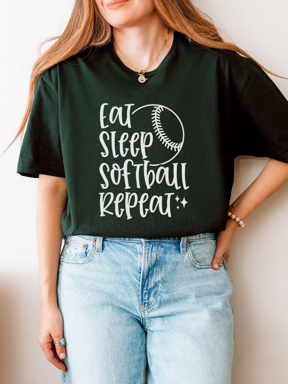 Eat Sleep Softball Repeat Graphic T-Shirt Cute Sports Mom Tee (12 Team Colors)