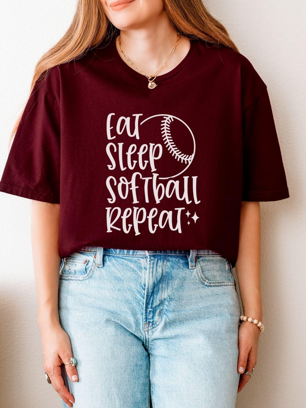 Eat Sleep Softball Repeat Graphic T-Shirt Cute Sports Mom Tee (12 Team Colors)