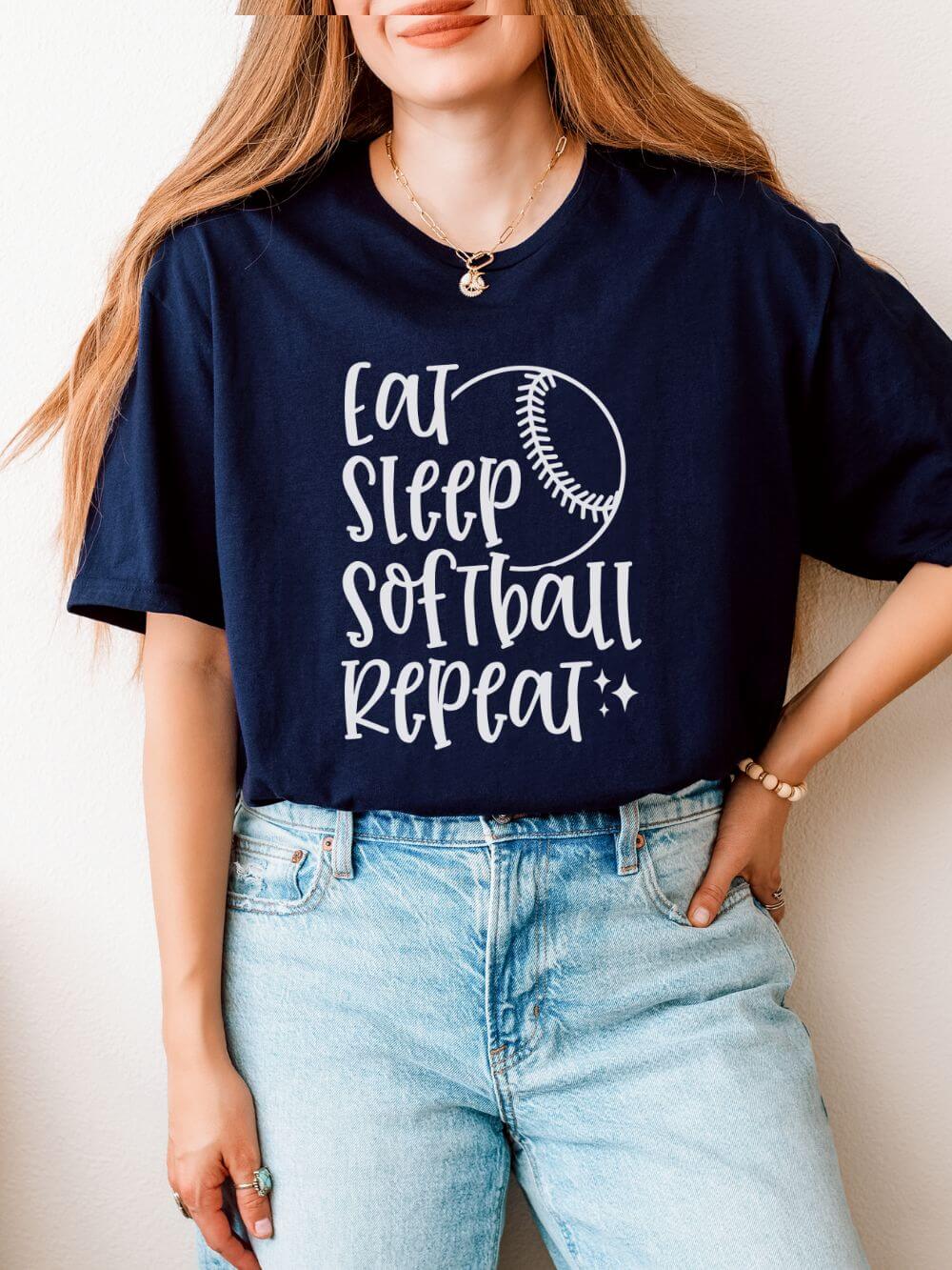 Eat Sleep Softball Repeat Graphic T-Shirt Cute Sports Mom Tee (12 Team Colors)