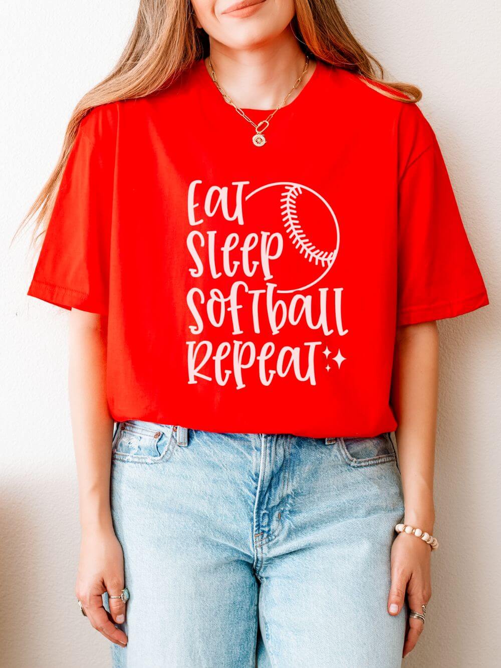 Eat Sleep Softball Repeat Graphic T-Shirt Cute Sports Mom Tee (12 Team Colors)