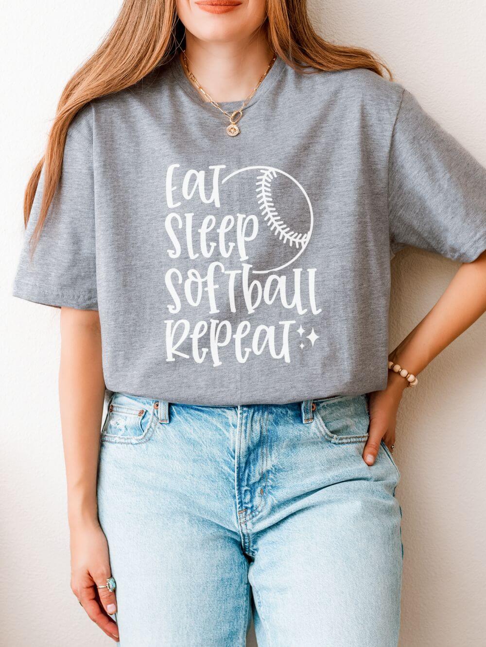Eat Sleep Softball Repeat Graphic T-Shirt Cute Sports Mom Tee (12 Team Colors)