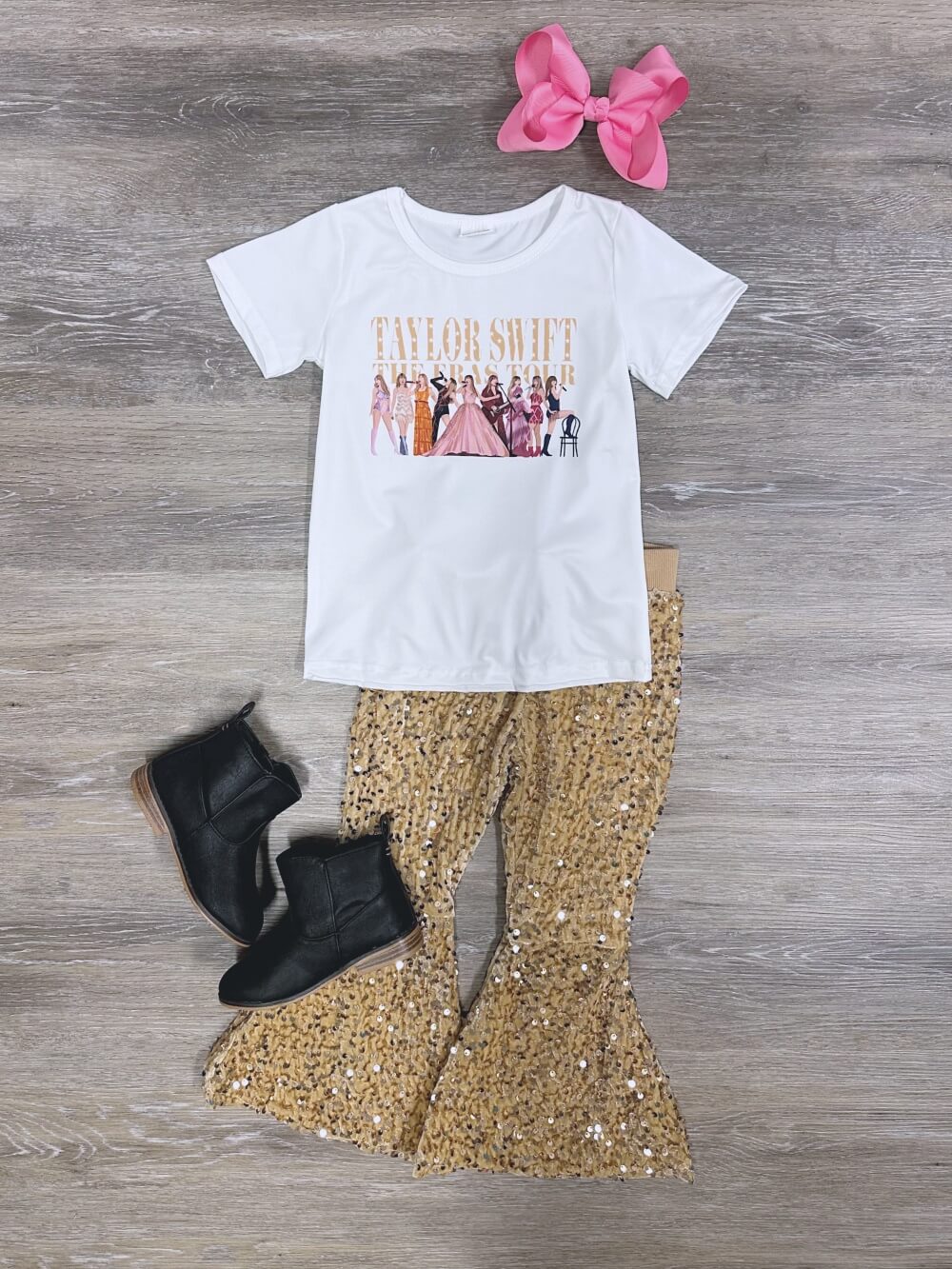 Enchanted Concert Gold Sequin Bell Bottom Girls Outfit - Sydney So Sweet