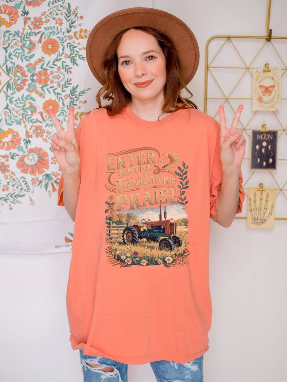 Enter His Gates with Thanksgiving and Praise Tractor T-Shirt Fall Christian Tee