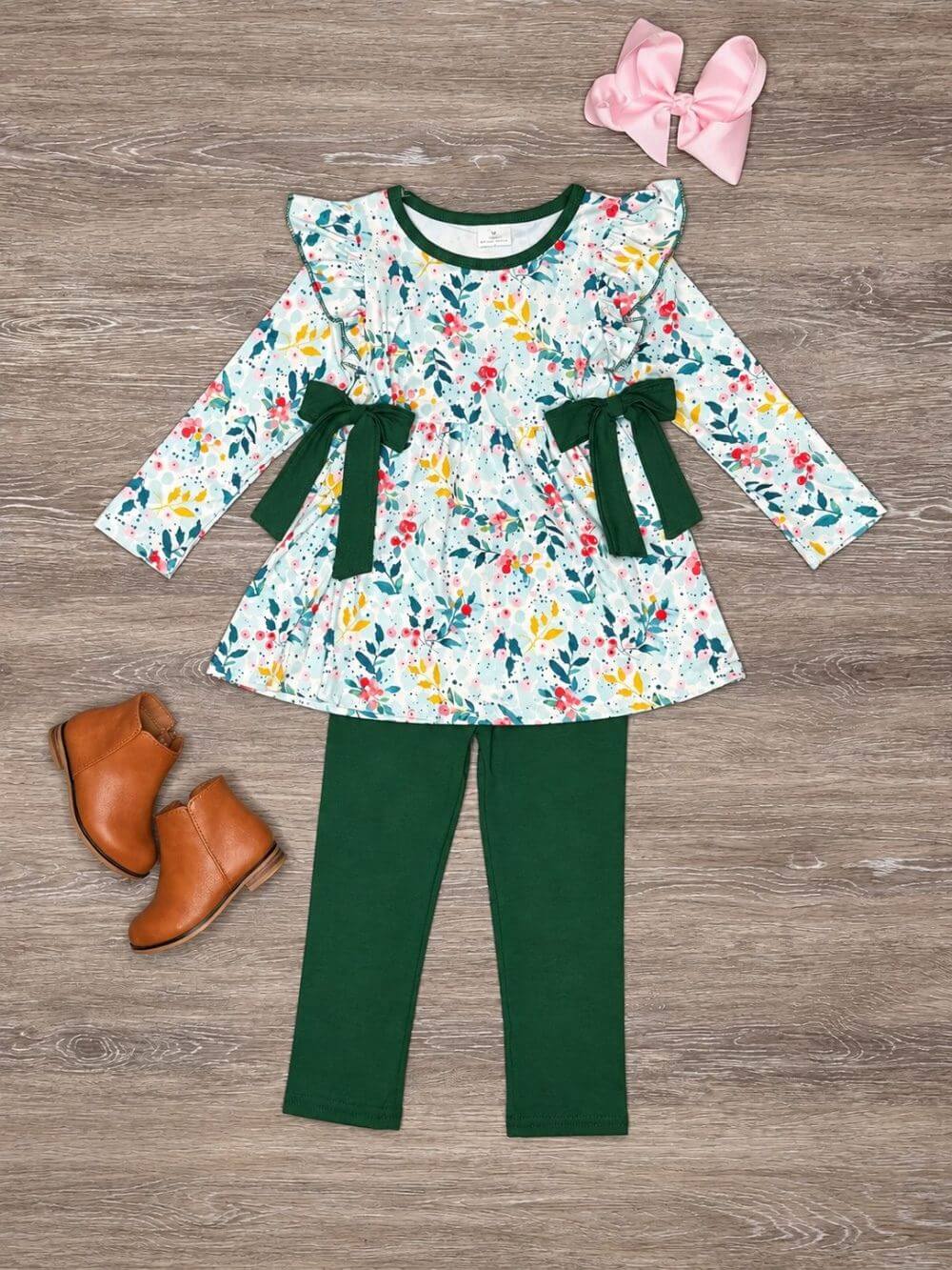 Evergreen Floral Girls Long Sleeve Tunic Outfit