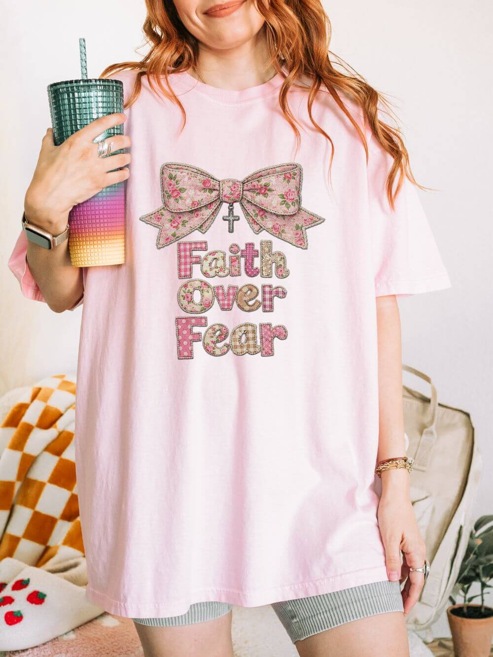Faith Over Fear T‑Shirt Floral Faux Fabric Patch Bow Christian Tee
