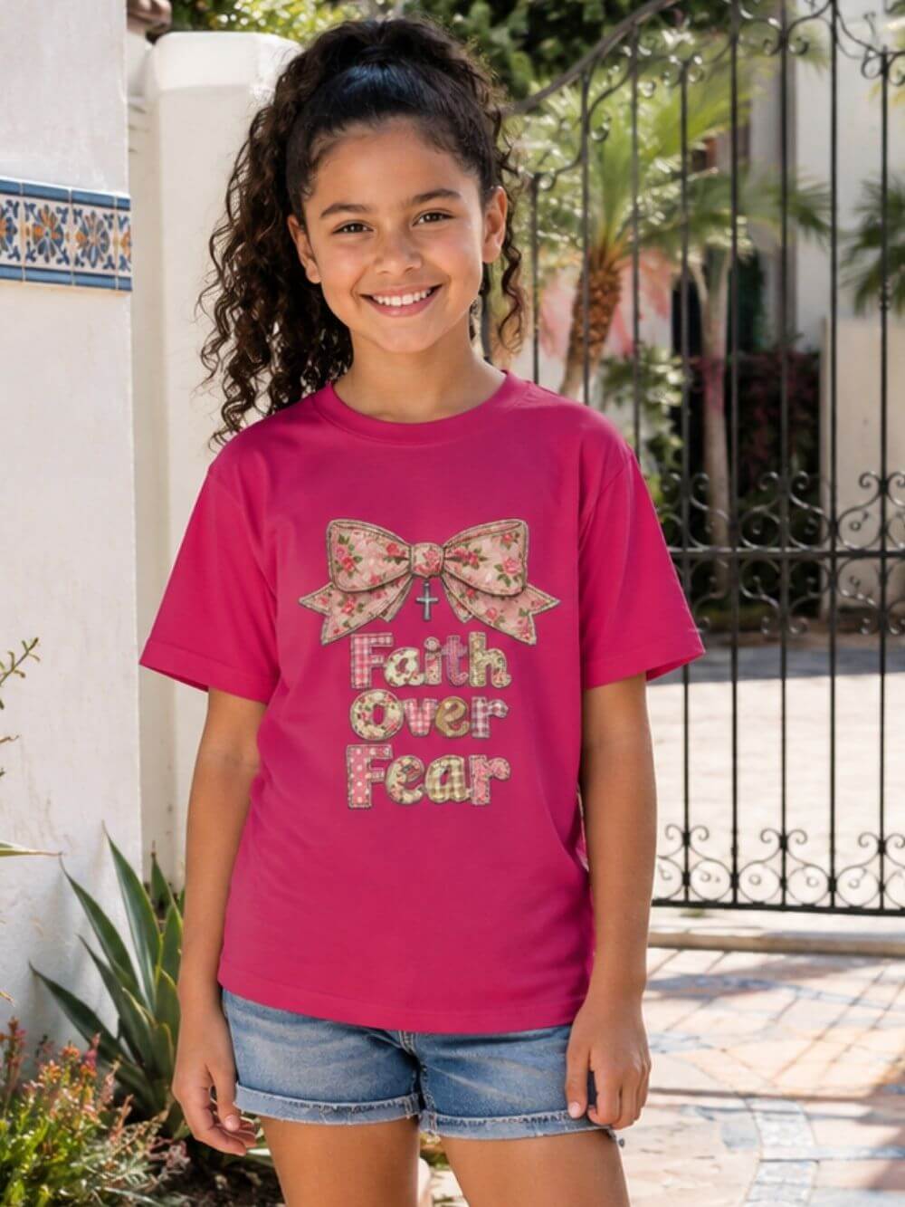 Faith Over Fear Coquette Bow Kids T-Shirt Cute Pink Christian Graphic Tee