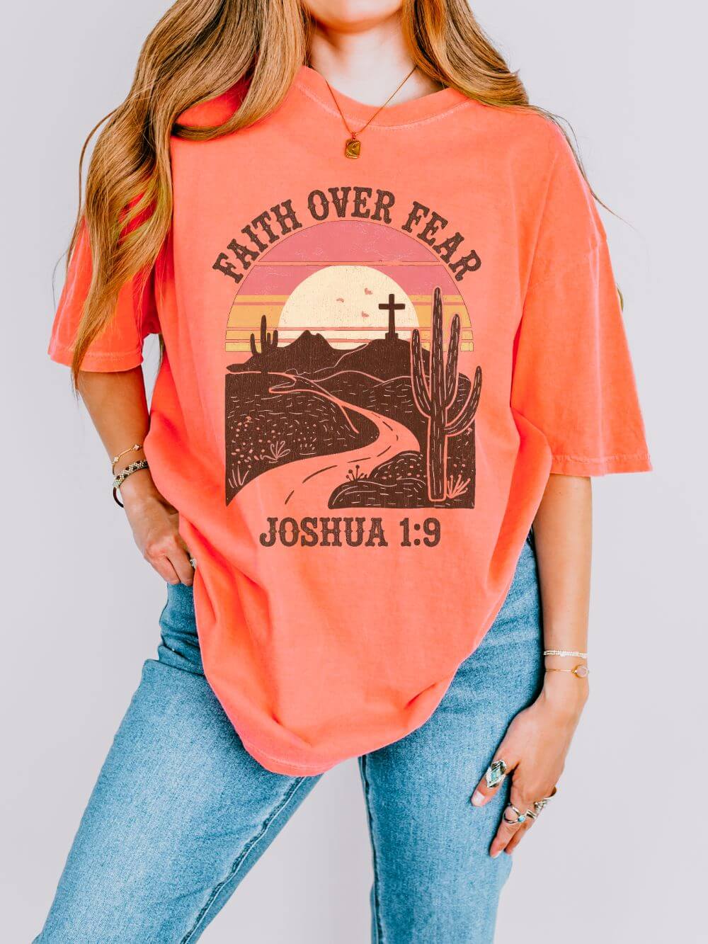 Faith Over Fear Joshua 1:9 T-Shirt Christian Desert Sunset Graphic Tee
