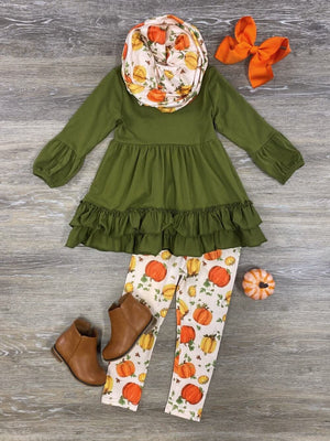 Fall Fun Green & Orange Girls Scarf Outfit - Sydney So Sweet