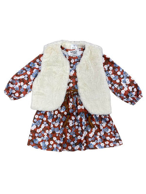 Fall Petite Floral Girls Dress and Fur Vest Set - Sydney So Sweet