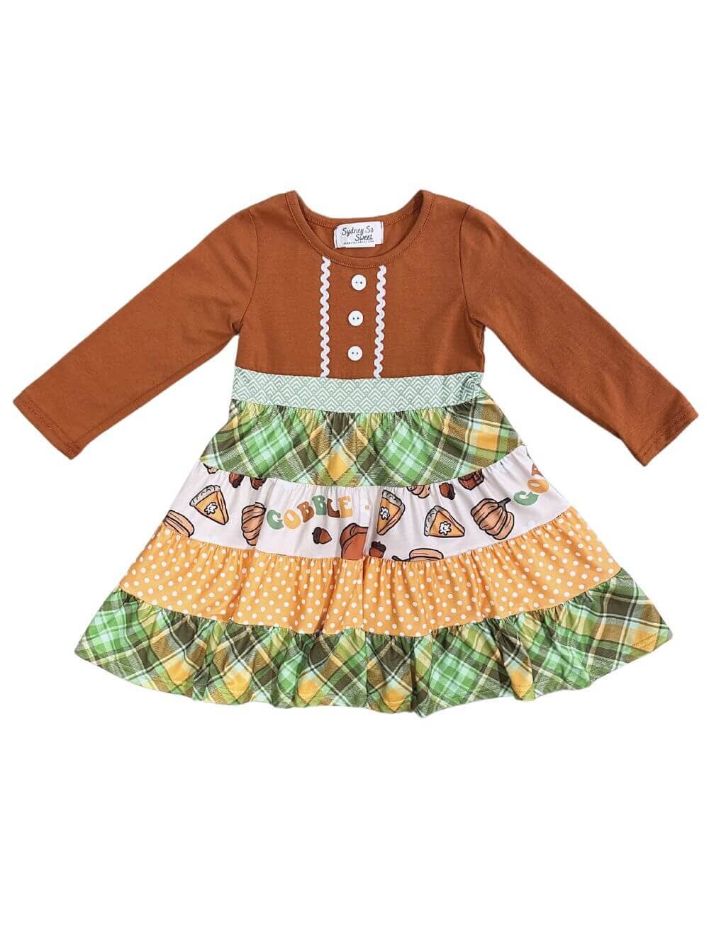 Thanksgiving Day Girls Plaid Trim Long Sleeve Dress Sydney So Sweet