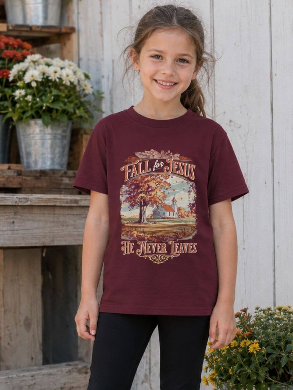Fall for Jesus Kids T-Shirt He Never Leaves Youth Christian Graphic Tee