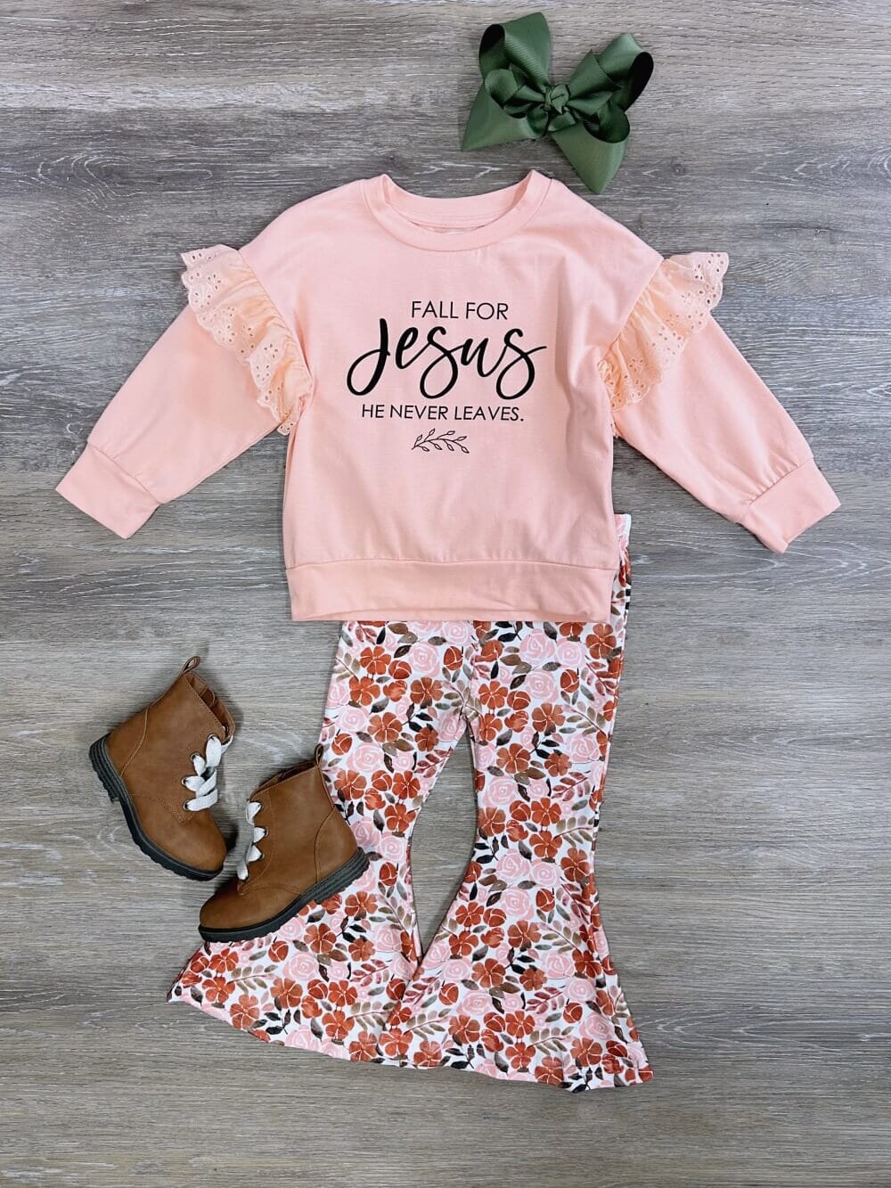 Fall for Jesus Girls Peach Florals Flare Pants Outfit - Sydney So Sweet