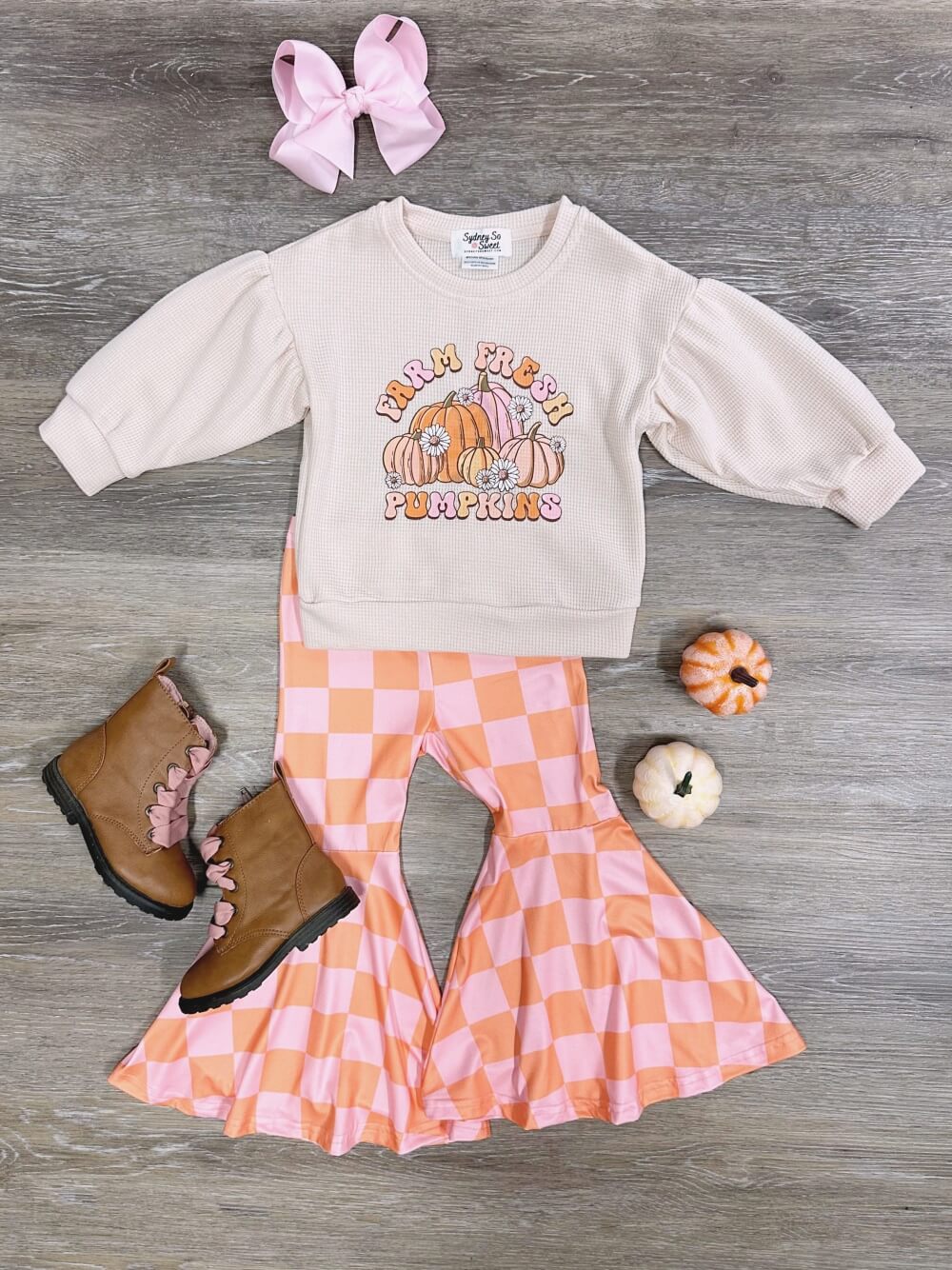 Farm Fresh Pumpkins Waffle Knit Top &amp; Checkered Bell Bottoms - Sydney So Sweet