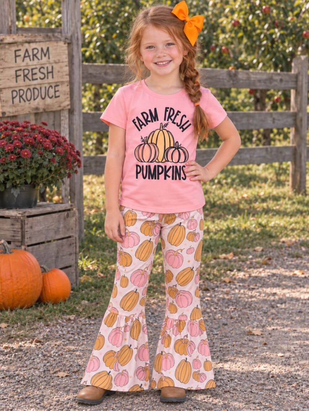 Farm Fresh Pumpkins Girls Pink Bell Bottoms Outfit