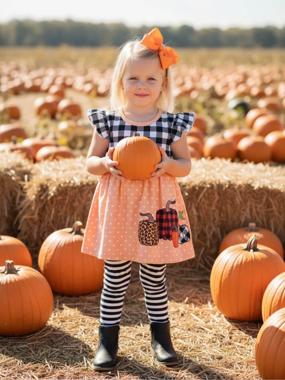 Girl wearing farmhouse pumpkin patch leggings outfit
