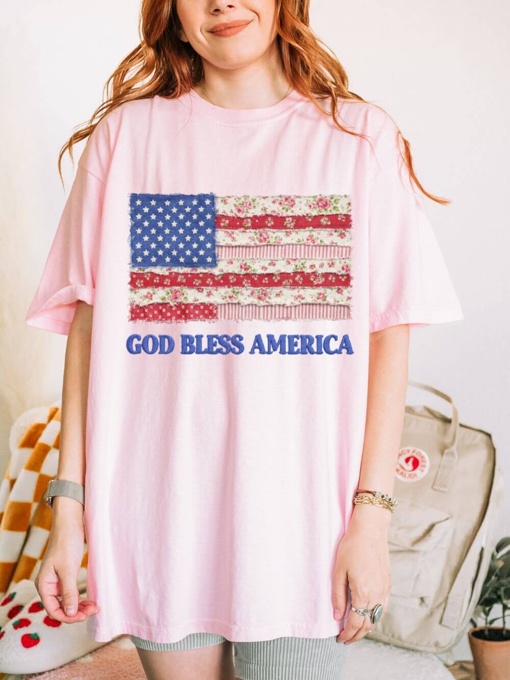 God Bless America Faux Fabric Flag T-Shirt Patriotic Graphic Tee