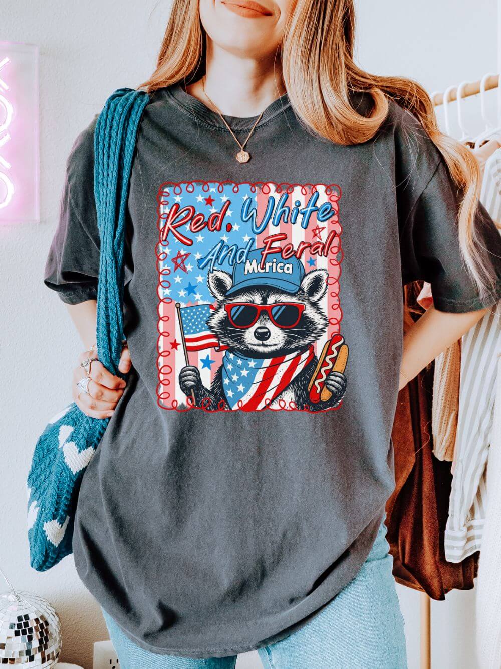 Red White & Feral Summer Unisex Tee Comfort Colors 4th of July Patriotic Racoon Graphic T-Shirt - Sydney So Sweet