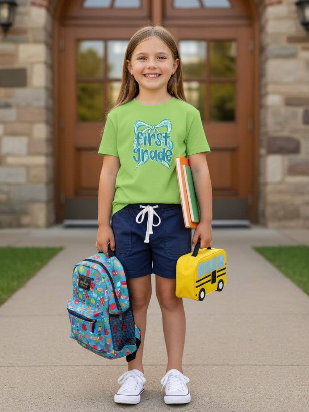 First Grade Kids Tee Cute Blue Coquette Bow Back to School 1st Grade T-Shirt