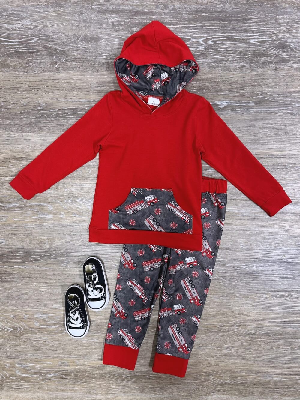 Five Alarm Fire Boys Red &amp; Gray Firetruck Hoodie Outfit - Sydney So Sweet