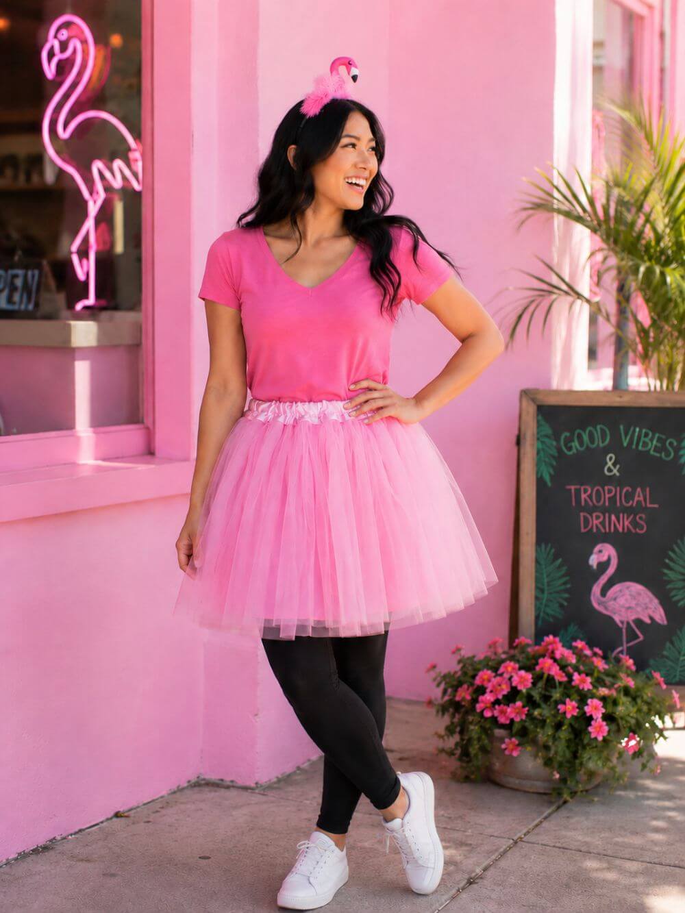 Women's Flamingo Costume Set for Adults & Plus Size – Pink Tutu Skirt & Flamingo Headband – Fun Animal Outfit for Halloween & Cosplay