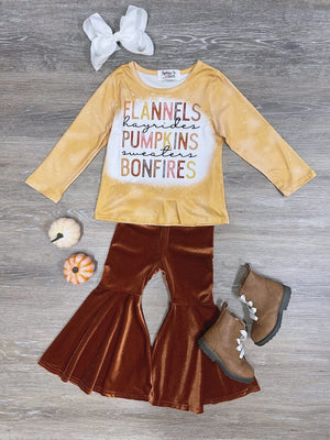 Flannels Pumpkins & Bonfires Orange Velvet Bell Bottom Girls Fall Outfit - Sydney So Sweet