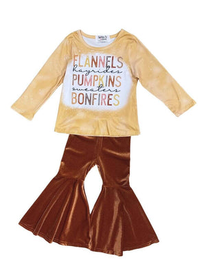 Flannels Pumpkins & Bonfires Orange Velvet Bell Bottom Girls Fall Outfit - Sydney So Sweet