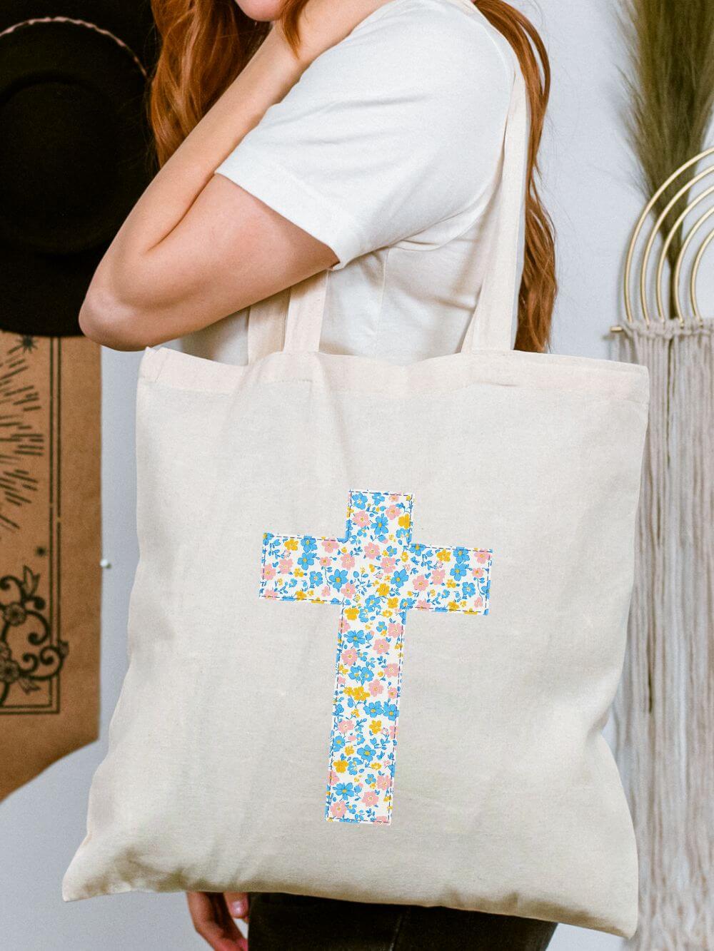 Floral Cross Canvas Tote Bag Christian Faith Reusable Grocery & Church Bag