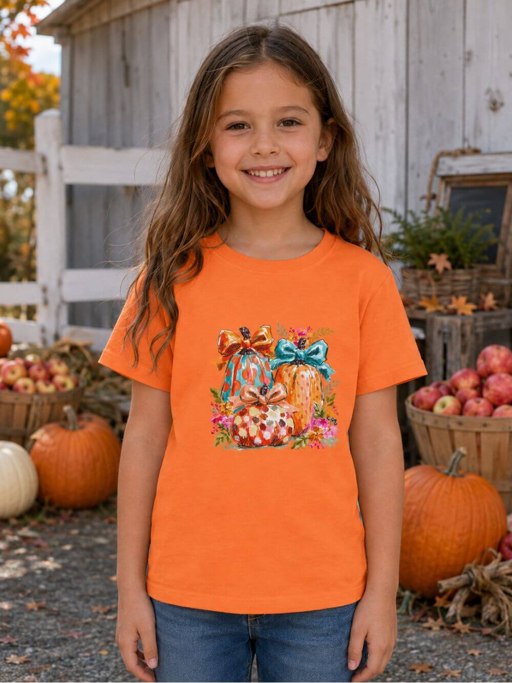 Floral Preppy Coquette Fall Pumpkin T-Shirt Cute Watercolor Kids Graphic Tee