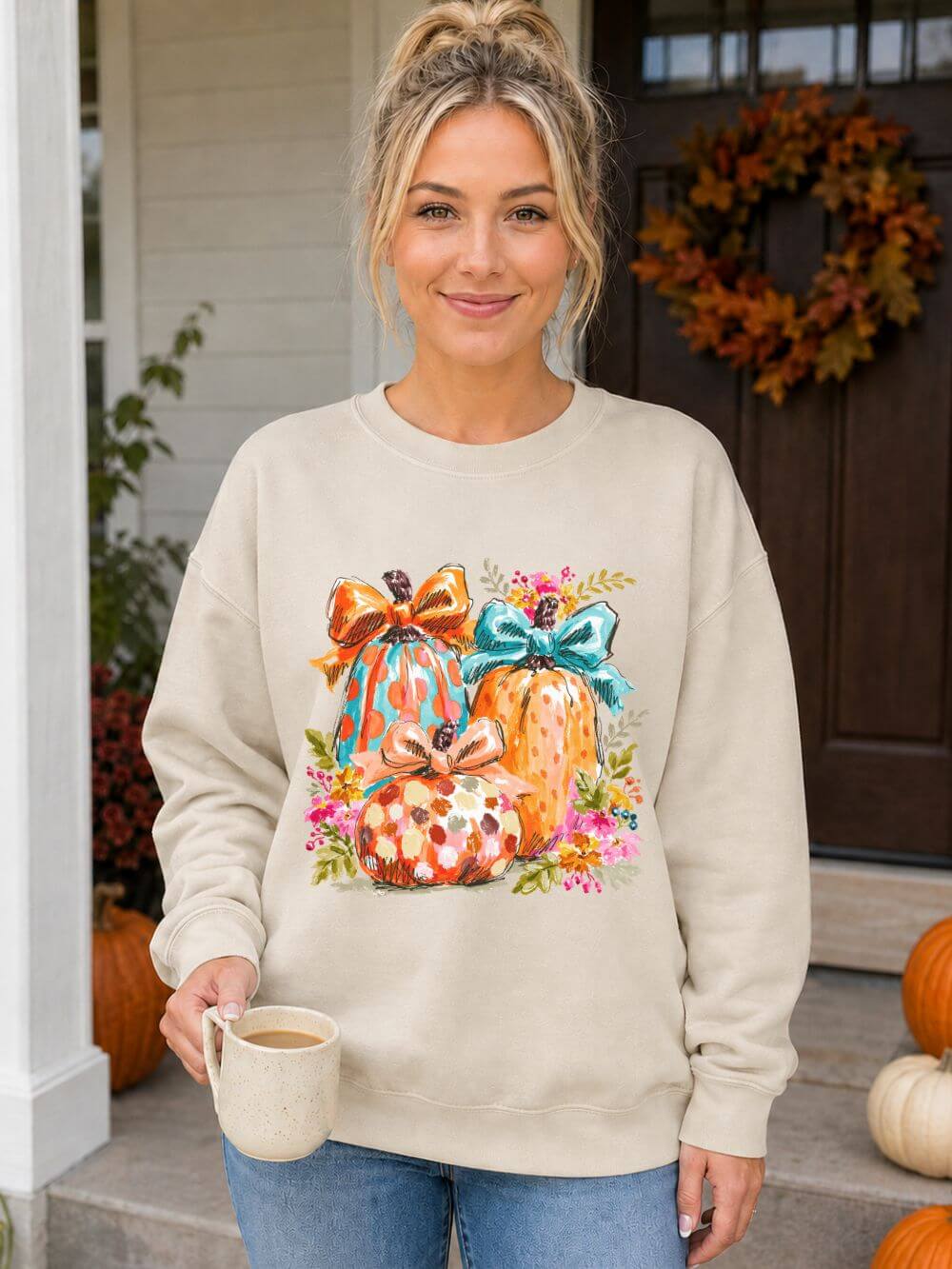 Floral Preppy Coquette Fall Pumpkin Sweatshirt Cute Watercolor Graphic Pullover