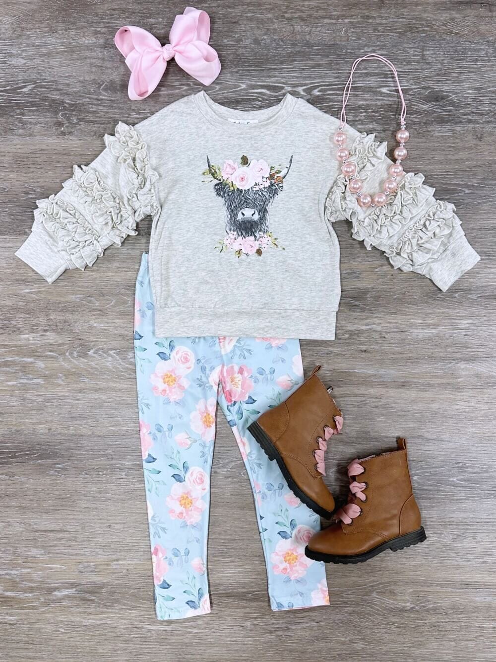 Flower Cow Ruffle Top &amp; Leggings Girls 2 Piece Outfit - Sydney So Sweet