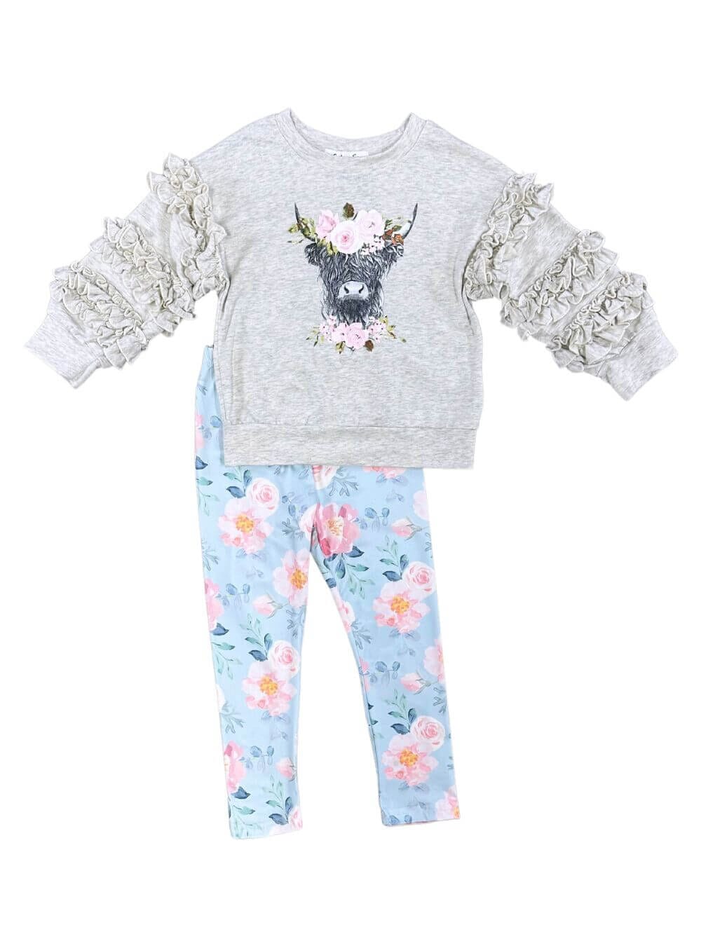 Flower Cow Ruffle Top & Leggings Girls 2 Piece Outfit - Sydney So Sweet