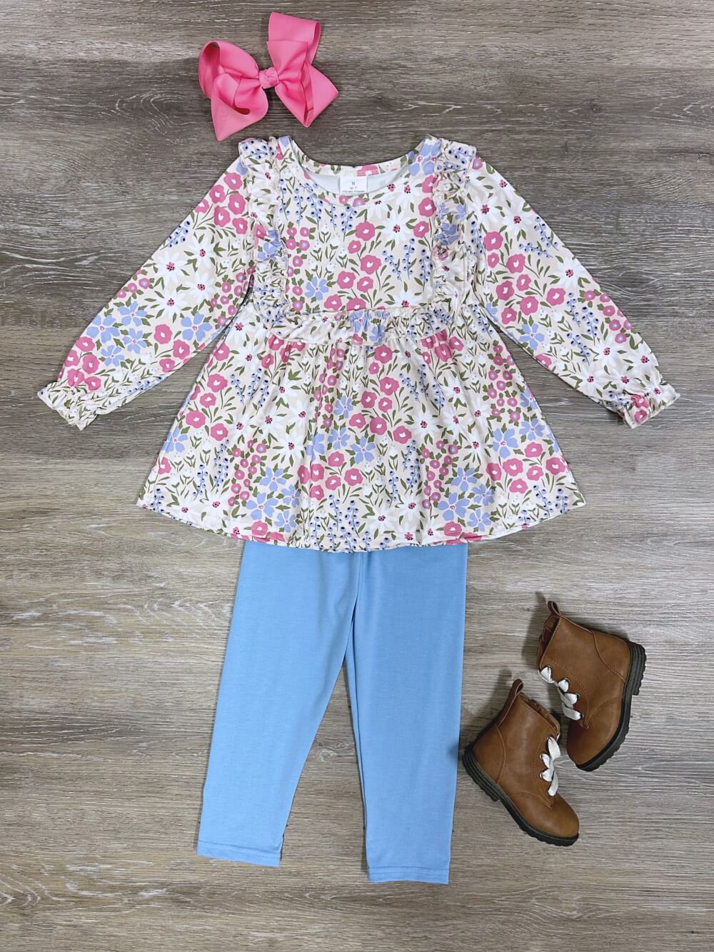 Flower Garden Blue &amp; Pink Girls Top &amp; Leggings Outfit - Sydney So Sweet