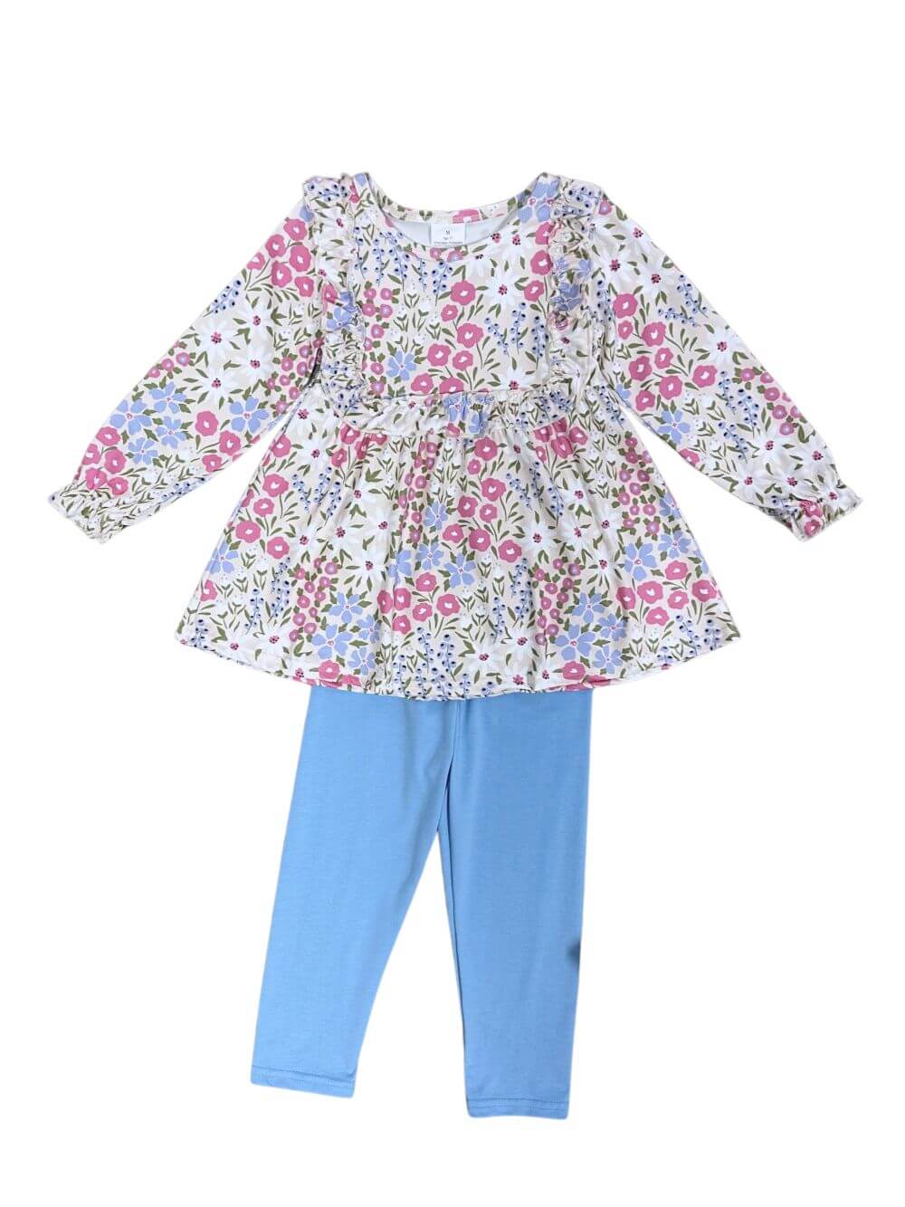 Flower Garden Blue & Pink Girls Top & Leggings Outfit - Sydney So Sweet