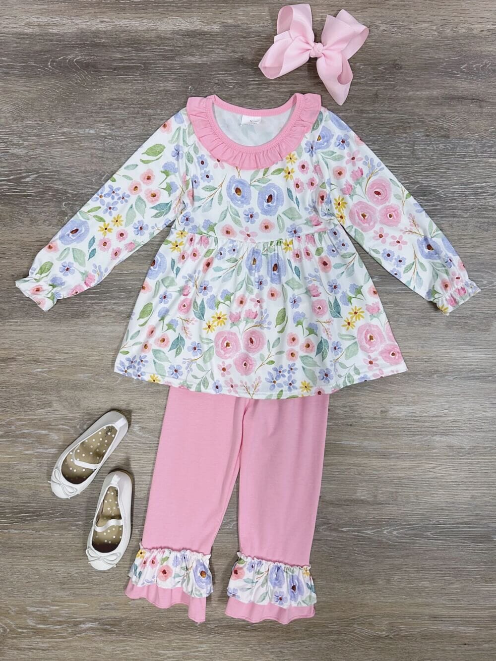 Flower Power Pink Girls Tunic & Ruffle Trim Pants Outfit - Sydney So Sweet