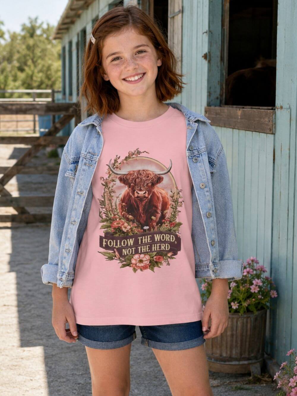 Follow the Word Not the Herd Kids T-Shirt Highland Cow Christian Graphic Tee