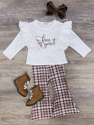 Free Spirit Brown Plaid Flare Pants Girls Outfit - Sydney So Sweet