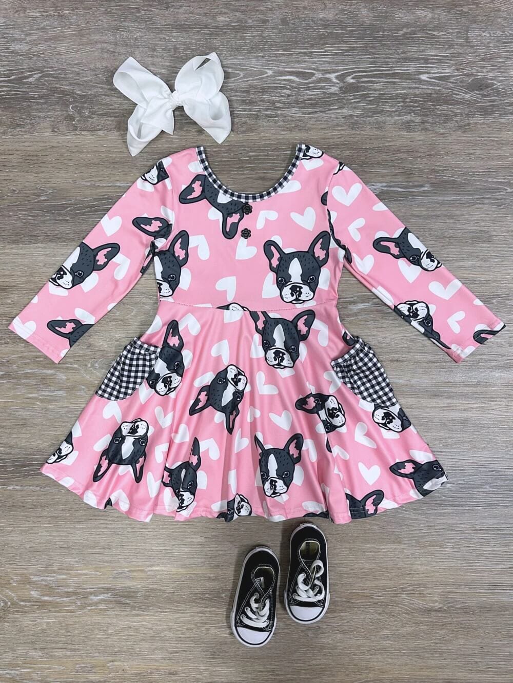 French Kiss Bulldog Pink Heart Pocket Girls Skater Dress - Sydney So Sweet