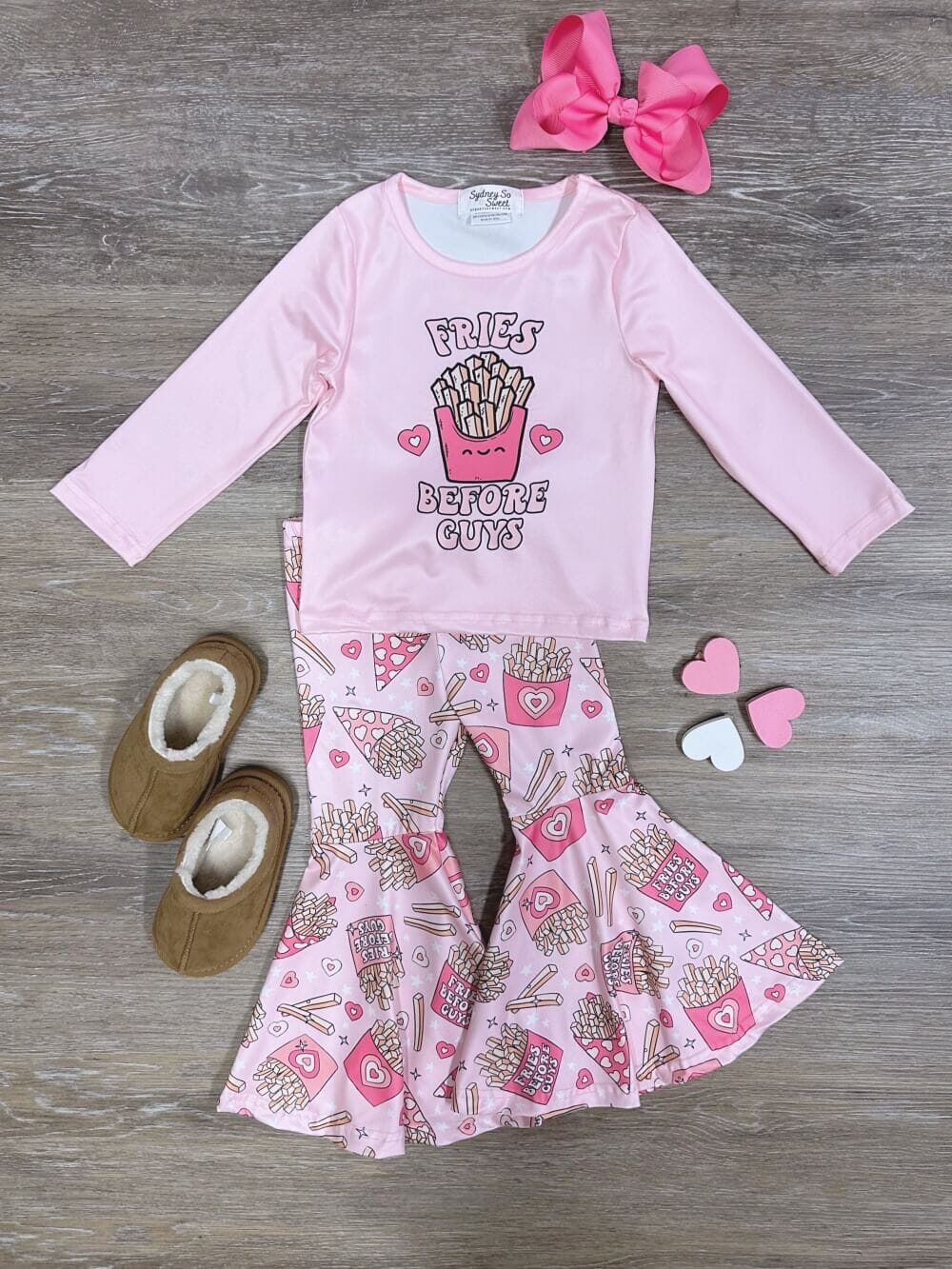 Fries Before Guys Pink Hearts Girls Bell Bottom Outfit - Sydney So Sweet