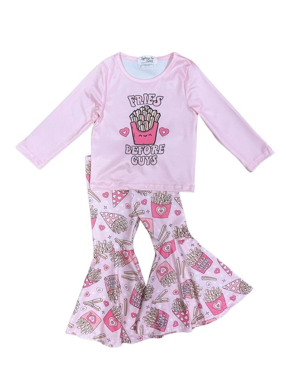 Fries Before Guys Pink Hearts Girls Bell Bottom Outfit - Sydney So Sweet